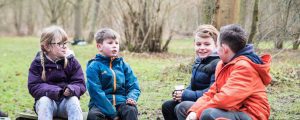 Group of children sat chatting during a Forest School outdoor learning session