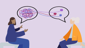 Illustration of two people talking. Speech bubbles show a guest with an illustration of loose, entangled threads, which lead to the counsellor's speech bubble where the threads are woven into neat piles