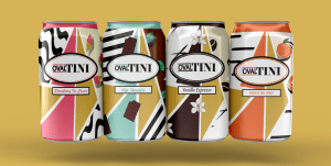 Student produced work showcasing a series of 4 drink cans with striking design. Colours include a warm orange, light teal, gold and deep browns across angled pattern designs on each can.